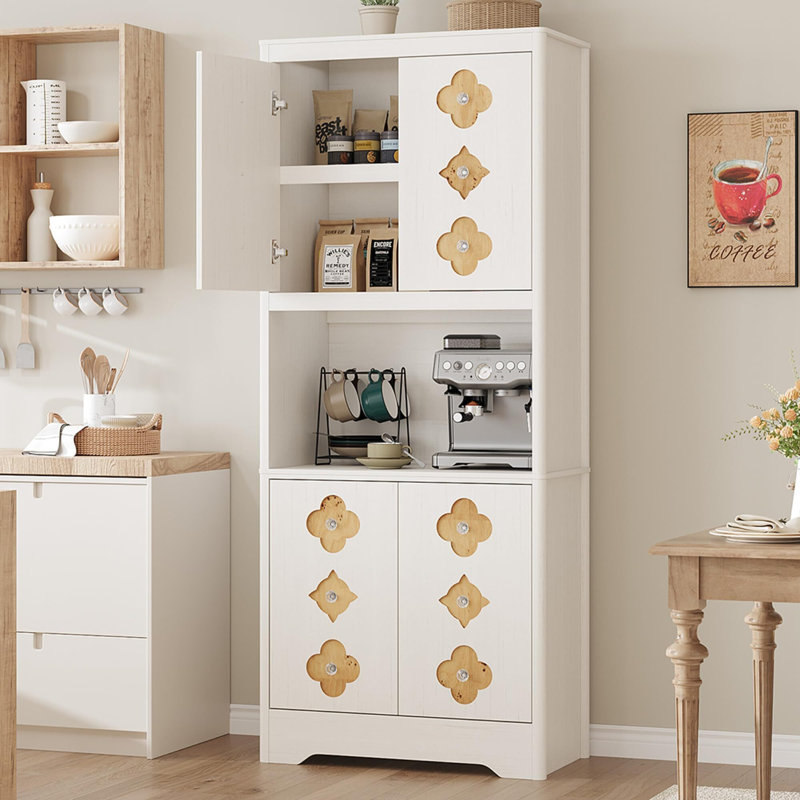 72" H Kitchen Pantry Cabinet with Open Shelf, Crystal Knobs, Microwave Stand & Adjustable Storage, White