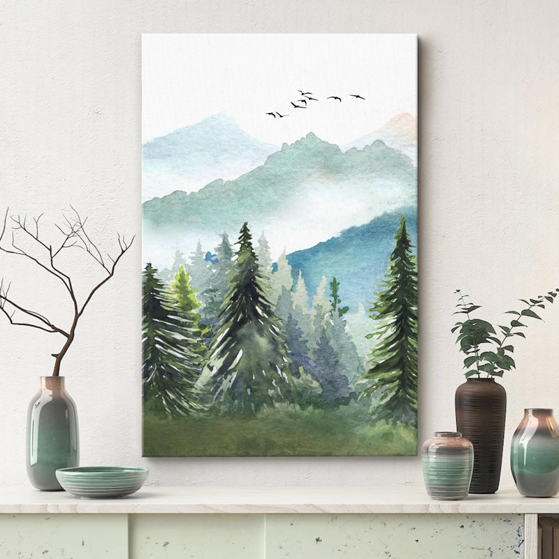 Paysage de forêt boisée «Watercolor Green Forest Tree Mountain» sur, Toile tendue, H 48 po x l 32 po