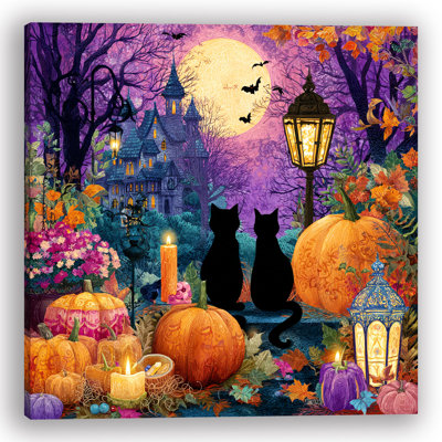 Cats and Pumpkins Night Wrapped Canvas Wall Art