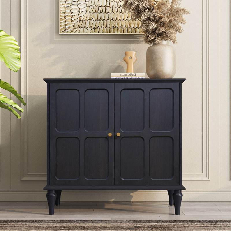  Gurbachan 31" Mid-Century Buffet with Adjustable Shelves and Removable Tall Wine Glass Rack, Black