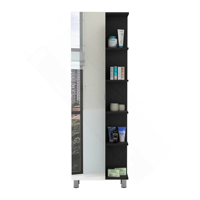 Urano Mirror Linen Cabinet, Four Interior Shelves, Five External Shelves, Black