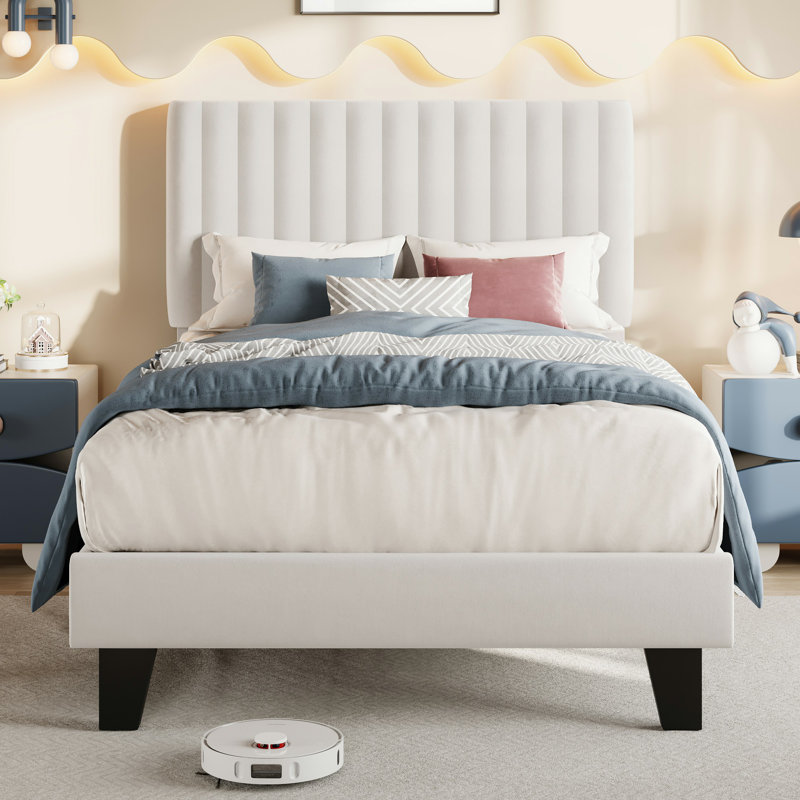  Structure de lit simple, structure de lit plateforme en lin avec tête de lit en tissu, support de lattes en bois massif, silencieux, sans sommier, assemblage facile, blanc