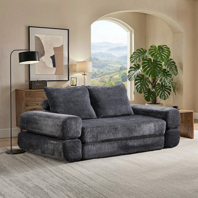 Frameless Boneless Loveseat Sofa‑Bed Split‑Back Convertible Queen‑Size Sleeper Compressed Chenille Foam Couch No Assembly
