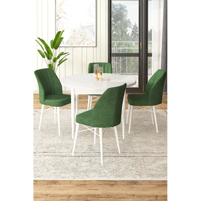 Ensemble de table et chaises de salle à manger moderne 5 pièces, blanc et kaki | Table en carton 100% mélaminé, table: 35,4 po x 29,5 po x 35,4 po | Chaises: 17,7 po x 36,6 po x 16,5 po | Pieds en bois durables et structure en métal, sièges en mousse confortables, design scandinave