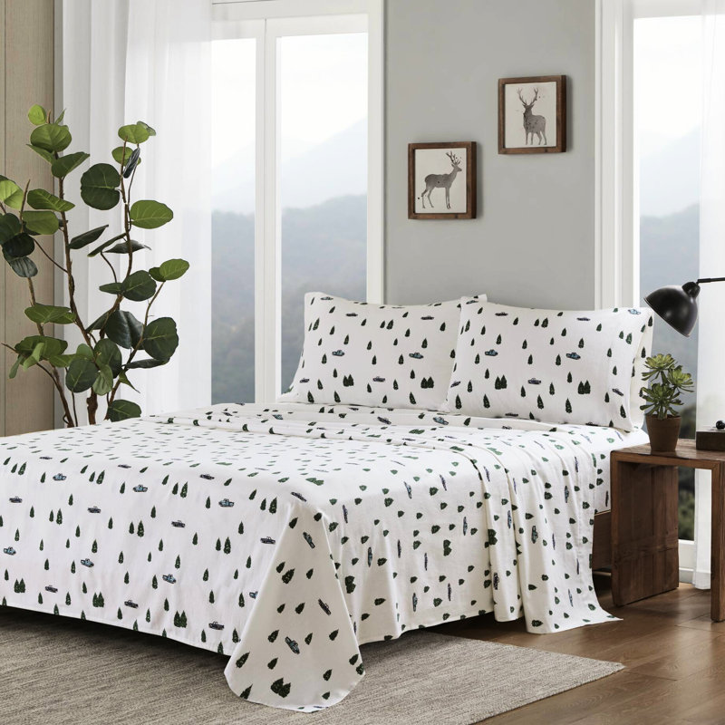 King Sheet 4 Pcs, Trees & Trucks Pattern, 100% Cotton Flannel, Queen/King/ Fits 14" Mattress, Machine Washable, - Pcs Multicolor, Brushed On Both Sides, Fully Elasticized Fitted Sheet, Soft Velvet
