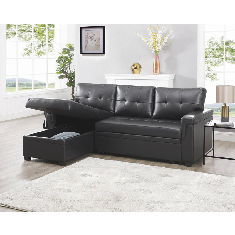 Canapé-lit modulaire en L avec rangement Drashti, Similicuir noir