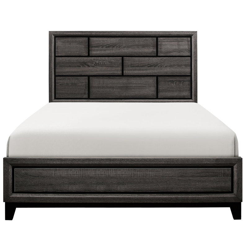 Grand lit moderne, gris, bois, mobilier de chambre à coucher avec tête de lit et sommier plaqué gris, tête de lit, rails