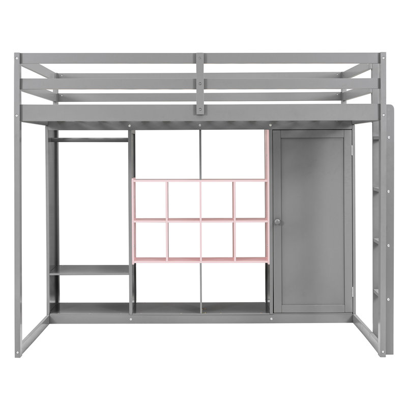 Lit mezzanine pleine grandeur de couleur grise et rose, garde-robe ouverte, tablettes et armoire fermée, réversible pour la disposition de la pièce, 14 lattes, lit en bois massif d'une capacité de 600 lb + lit, solution de rangement intelligent pour petits espaces, -