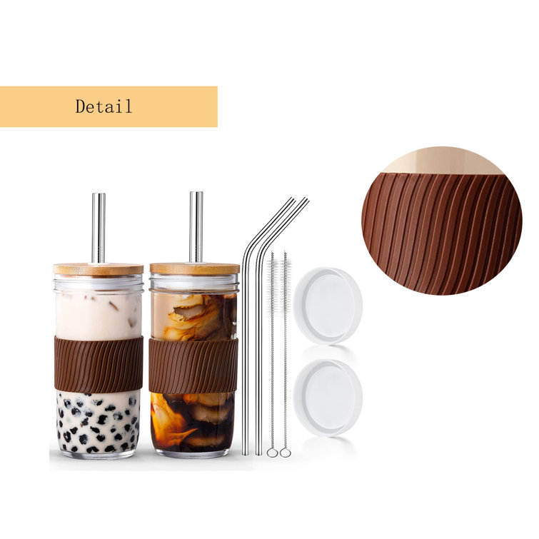 Glass Smoothie Cup, Bamboo Lid Stainless Steel Straw, Reusable Coffee Cup 