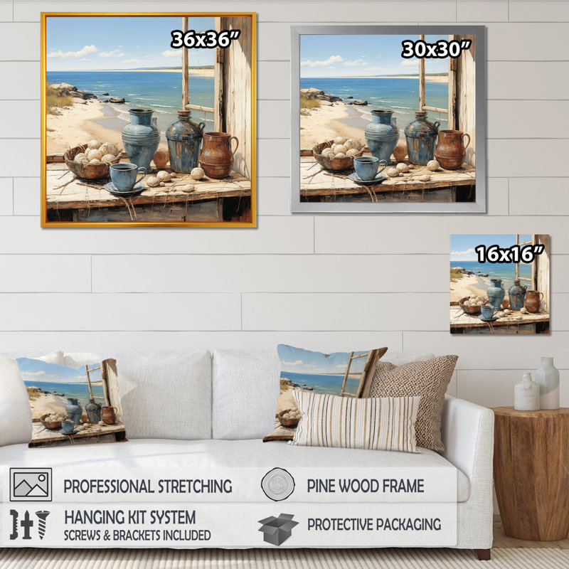 Costal Poteries Window View - Farmhouse Windows, art mural, Cadre simple blanc, H 16 po x l 16 po x P 1 po
