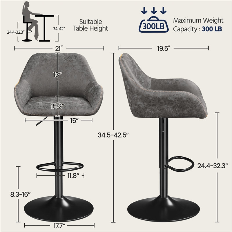 Eastway Swivel Upholstered Adjustable Height Counter Stool with Metal Frame, Gray