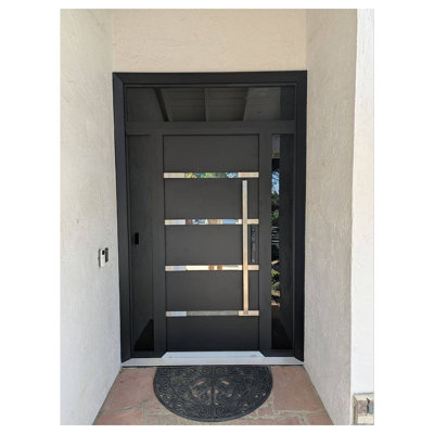 Porte d'entrée extérieure prémontée en métal, double porte 1105, émail noir, verre miroir, 2 impostes latérales, fenêtre extérieure, style moderne, peinte, ouverture vers l'intérieur à gauche, 96 x 80