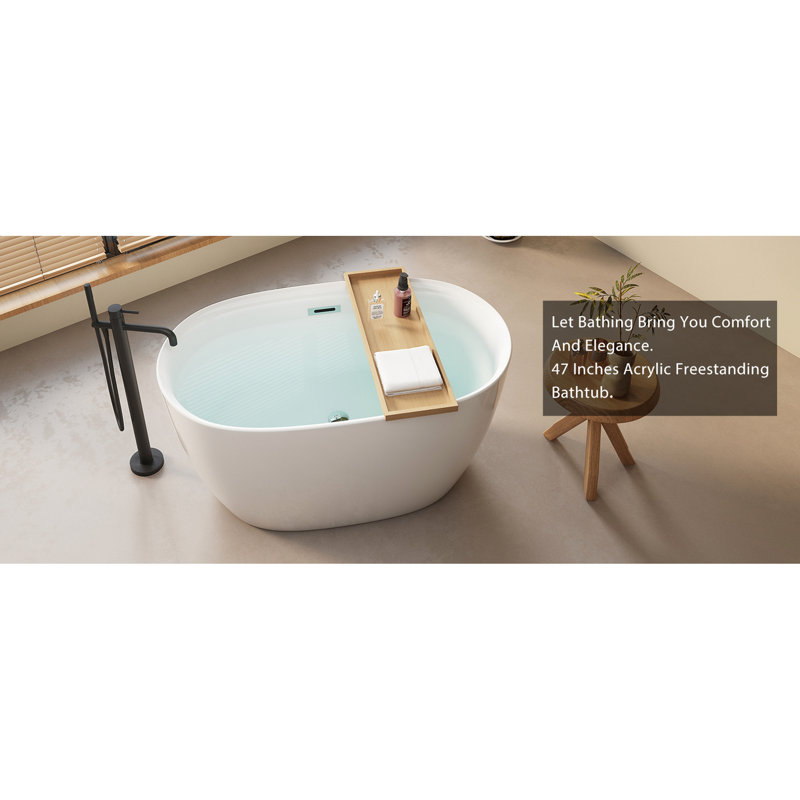 47'' Acrylic Soaking Tub - Oval White Freestanding, Hygienic & Easy To Clean, Bathtub Relaxing Bath, Pop-Up Drain,