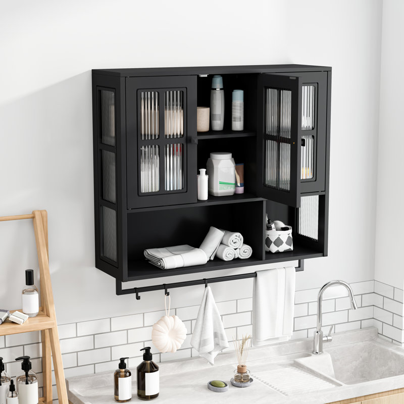Armoire murale de salle de bain, armoire murale en bois à 3 portes avec espace de rangement ouvert et caché, Noir