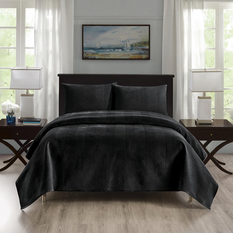Ensemble de courtepointe en velours noir Pointehaven, Courtepointe pour lit double/grand et 2 taies déc, Noir