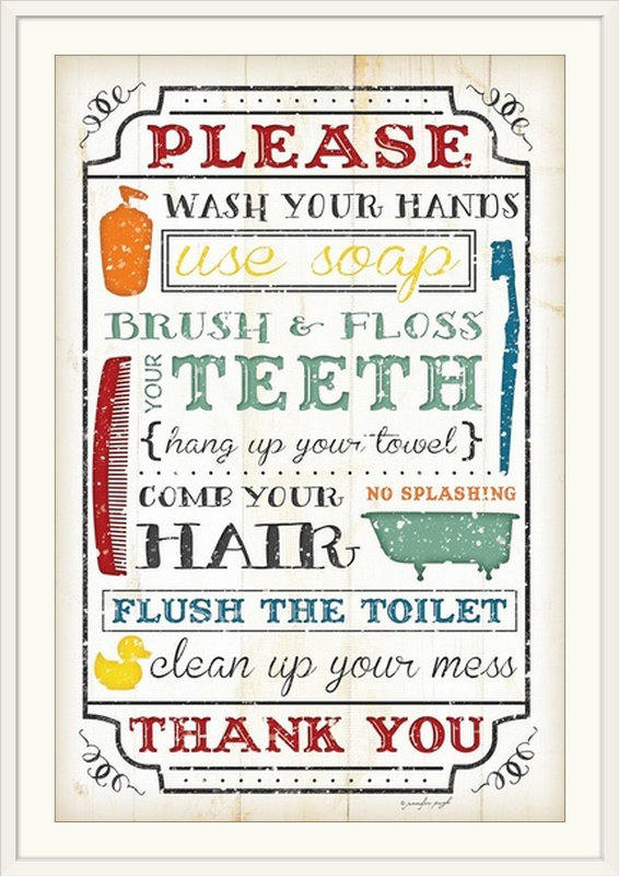«Bathroom Rules» par Jennifer Pugh, art textuel rétro, H 26 po x l 20 po x P 1 po, Cadre blanc