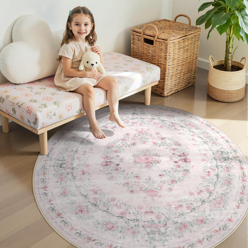 Tapis rond rose lavable à la machine Kaldi, Round 6'