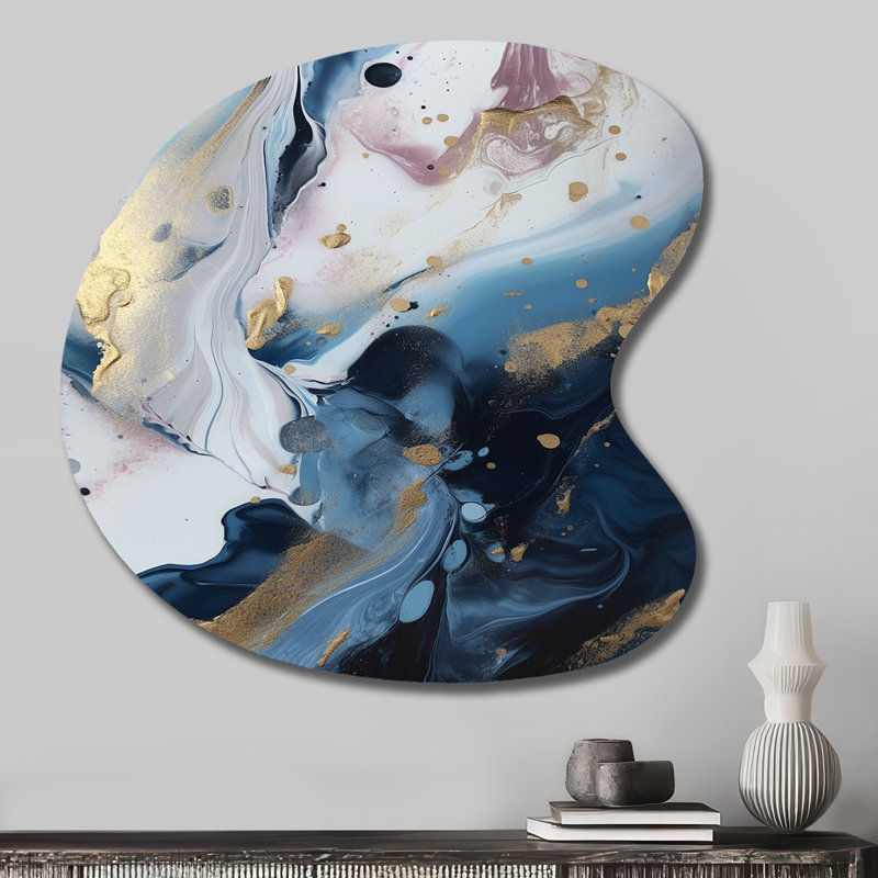 «Blue and White Enigmatic Stones II», impression d'art en métal de forme irrégulière en marbre, décoration murale asymétrique en métal bleu