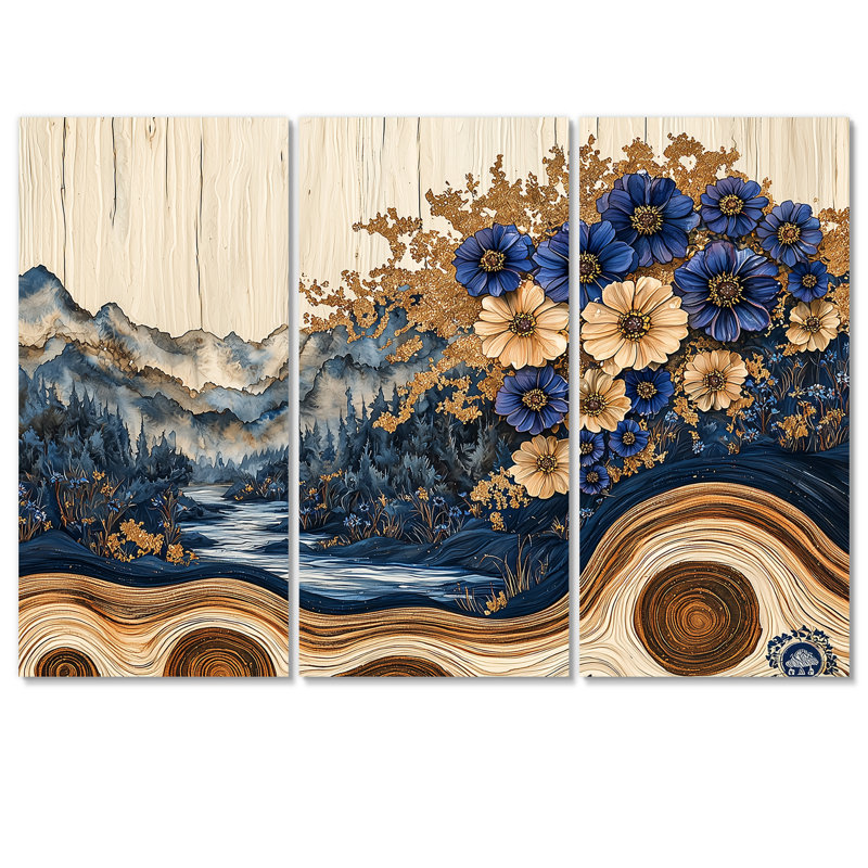 Fleurs aqua bleuet et paysage de forêt en bois II - Art mural sur toile bleuet - ensemble de 3, H 28 po x l 36 po