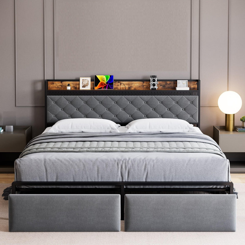 Lit plateforme avec rangement Danitra, Grand, Gris foncé / Noir