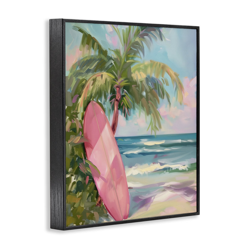 Planche de surf rose sur la plage, estampe numérique, design par Arlington Prints, H 14 po x l 11 po
