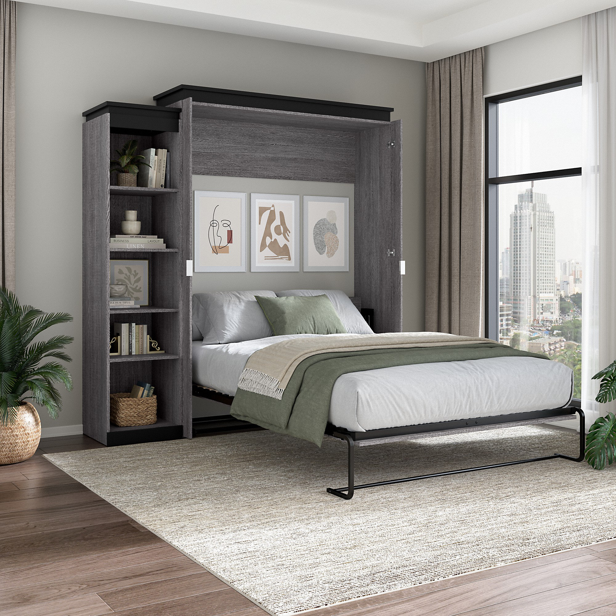 Brayden Studio® Ailed Queen Murphy Bed with Narrow Shelving Unit (85W ...