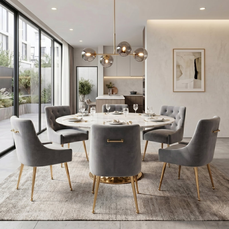 Mark Velvet Upholstered Dining Chair With Gold Legs, Gray