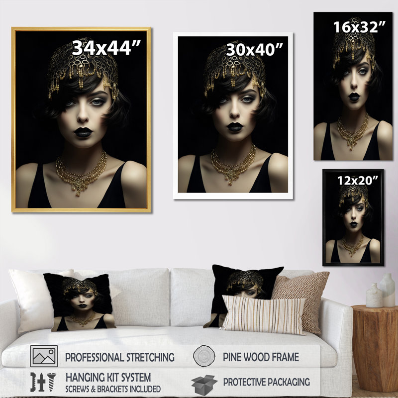 «Vintage Retro Glam 1920 Woman Portrait I - Woman Fashion», reproduction d'art sur toile encadrée, Cadre doré simple