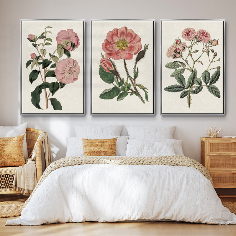 «Pink Floral Mix IV», ensemble de 3 pièces encadrées sur toile, Argent, H 40 po x l 78 po