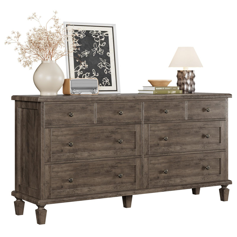 Commode 8 tiroirs Vintage avec pieds fuselés, commode large en bois pour chambre à coucher, salon, entrée, finition bois vieilli, gris