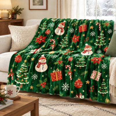 Festive Christmas Snowman Print Throw Blanket, Cozy Holiday Soft Fleece Blanket for Sofa Couch Bedroom Living Room Home Decor