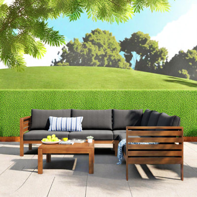 Acacia Wood Outdoor Sectional Sofa Set with Coffee Table and Water-Resistant UV-Protected Cushions