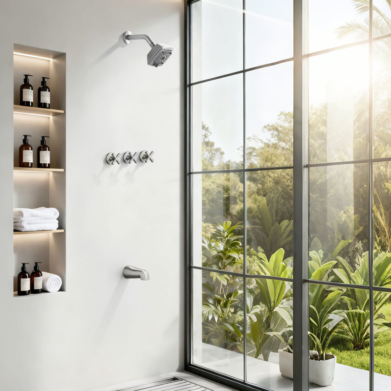 Système de douche mural avec bec de baignoire, robinet de douche de 5 pouces, ensemble de garniture de douche à 3 poignées en laiton avec valve brute