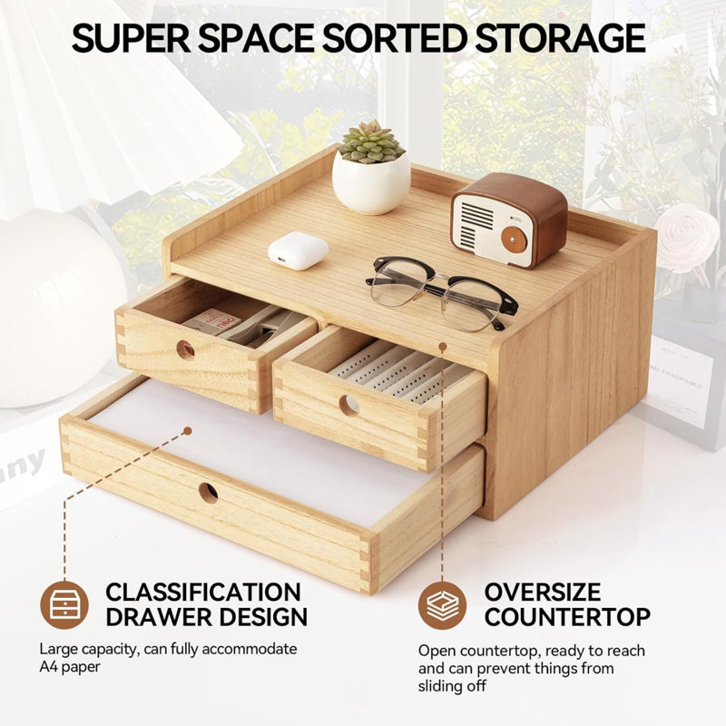 Wood Desktop Organizer with 3 Drawers & 1 Shelf, Wooden Storage Box for Home Workspace & Office Supplies, Beige