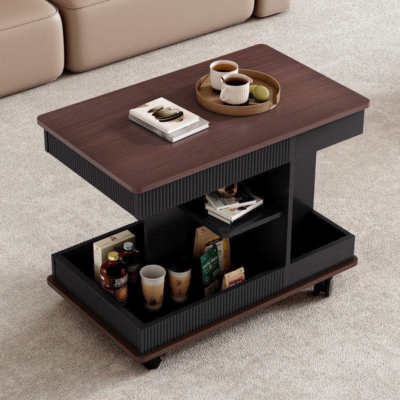 Adjustable Lift-Top End Table with Wheels, 360° Rotating Side Table with Storage f, Black;Brown