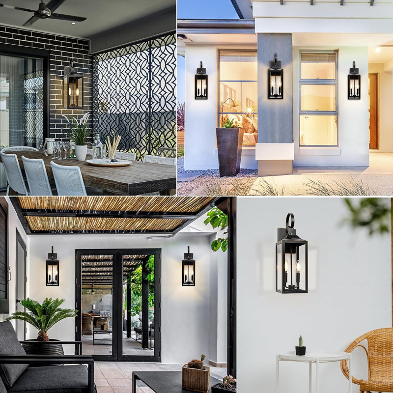 Dusk To Dawn Outdoor Wall Lantern 2-Light, 19" Large Outside Modern Wall Sconce Light Fixture, Industrial Porch Light Wall Mount With Glass, Waterproof Farmhouse Exterior Lamp Lighting