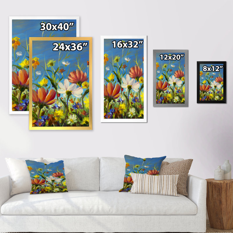 «Summer Flower Field Blue», reproduction d'art sur toile traditionnelle, H 36 po x l 24 po x P 1 po, Toile avec cadre blanc
