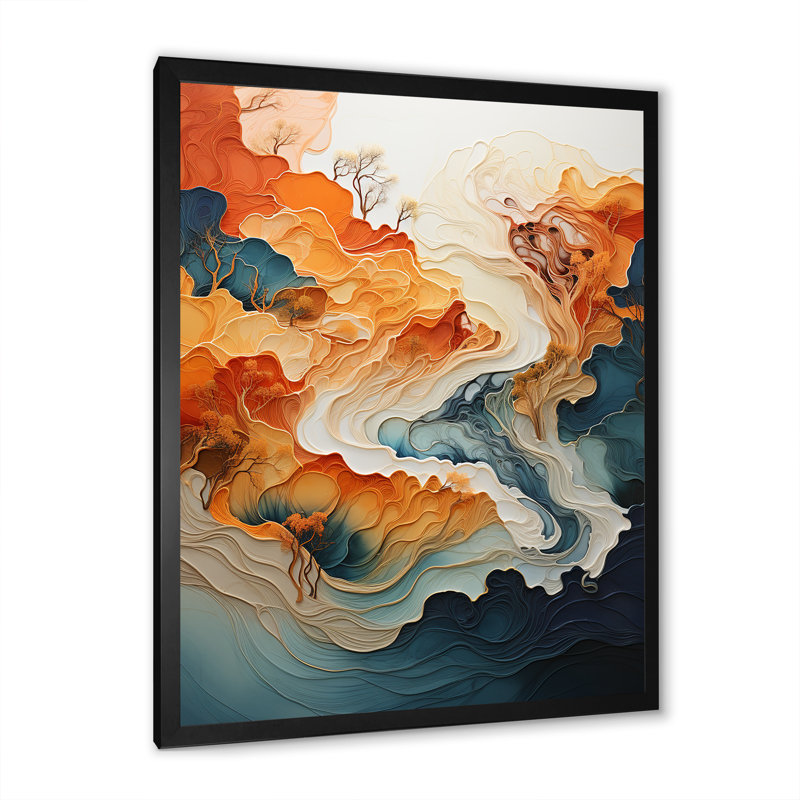 «Abstract Orange and Blue River Ink I», reproduction d'art sur toile abstraite en marbre, H 40 po x l 30 po