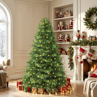 6FT/7FT  Premium Artificial Christmas Tree with 280/350  Pre-Lit Warm White & Multi-Color Lights, 1033/1369 PE & PVC Branch Tips and 1 Foldable Wooden Stand, Perfect Decor for Xmas, Home, Office, Green