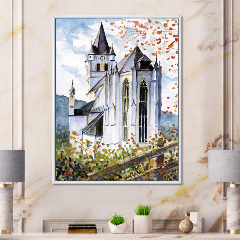 Église gothique verte - Peinture sur toile, H 40 po x l 30 po, Cadre flottant blanc