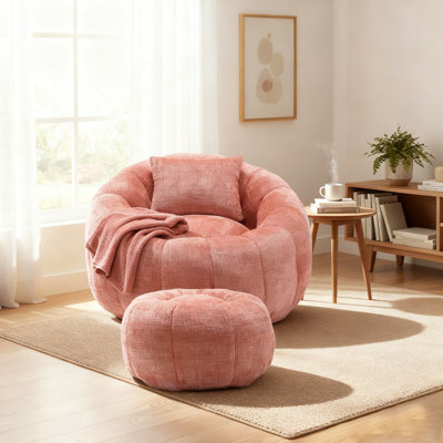 Cloud-Like Memory Foam Bean Bag Chair & Ottoman Set Soft Fabric Lounger with Pillow for Living Room/Playroom by Latitude Run