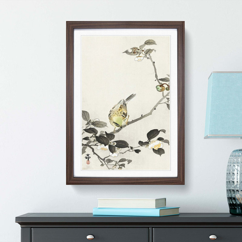 Bunting Bird on a Blossom Branch by Ohara Koson - Picture Frame Art Print, 65cm H x 48cm W x 2cm D, Walnut Framed