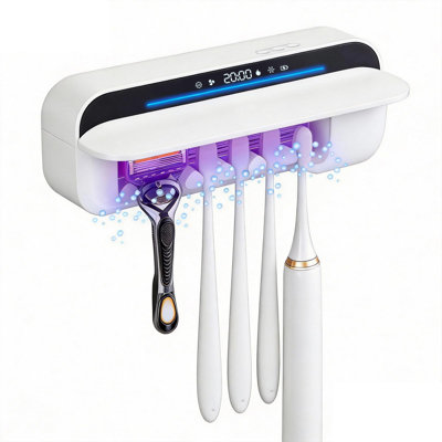 Porte-désinfectant mural pour brosse à dents avec désinfection à 360 °, 100 m d'ions et séchage par ventilateur, (blanc)