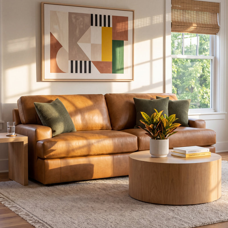 Cleo 84" Genuine Leather Sofa, Steamboat Caramel Genuine Leather