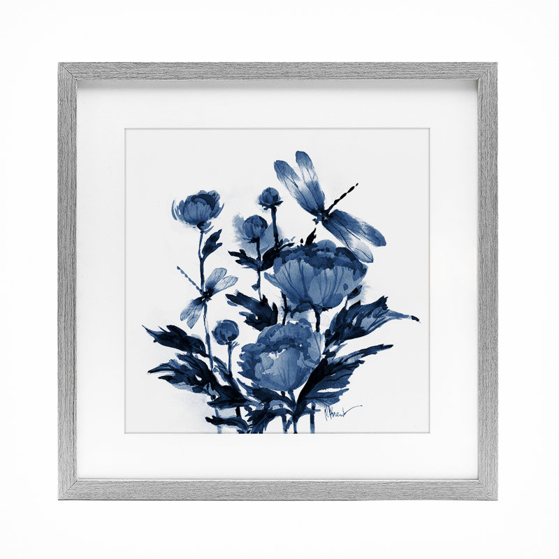 Indigo pivoines et libellules, reproduction encadrée sous verre, conception de Paul Brent, H 16 po x l 16 po