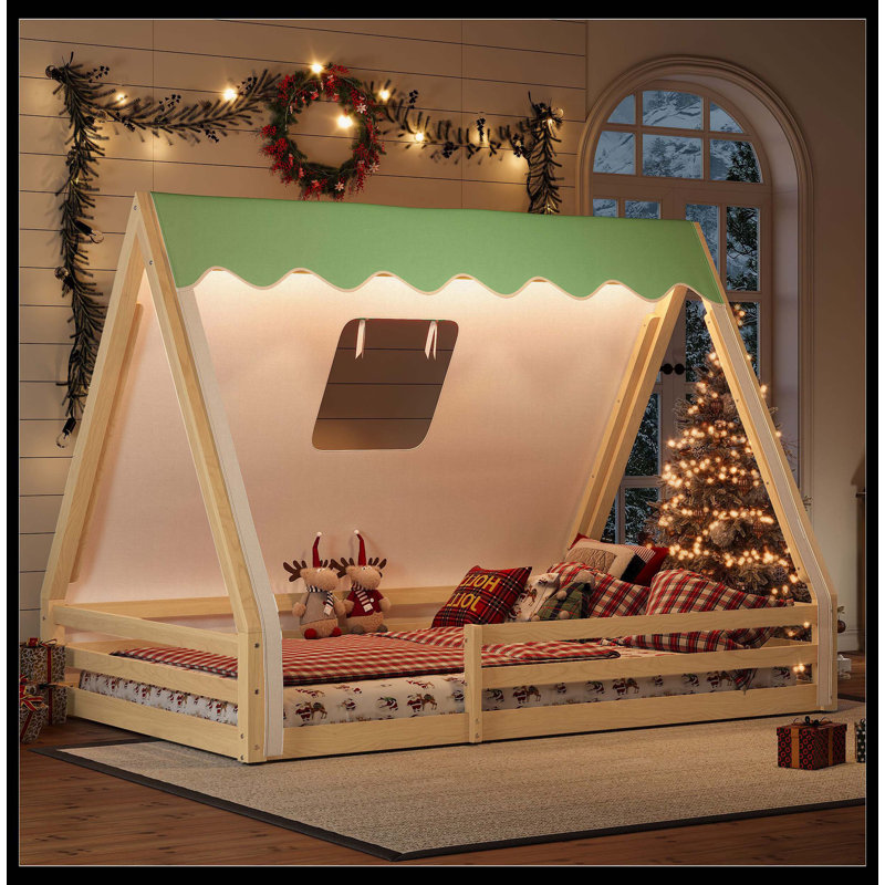 Lit double pleine grandeur avec tente et lit de repos en bois massif avec garde-corps pleine longueur, design Montessori et enfantin, naturel et vert