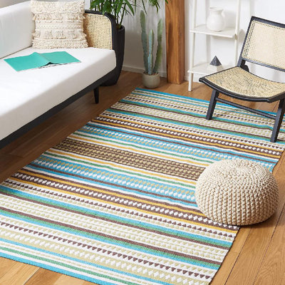 Tapis de chambre à coucher à rayures en coton fait à la main bleu clair / ivoire