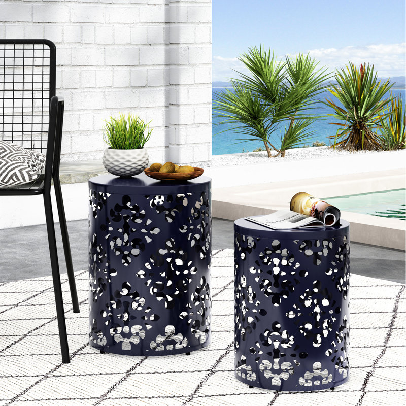 Modern Metal Tables - Iron Cut Decoration In Navy Blue, Powder-Coated Iron, No Assembly Needed End Table Style Pattern, Blue Hue, Construction