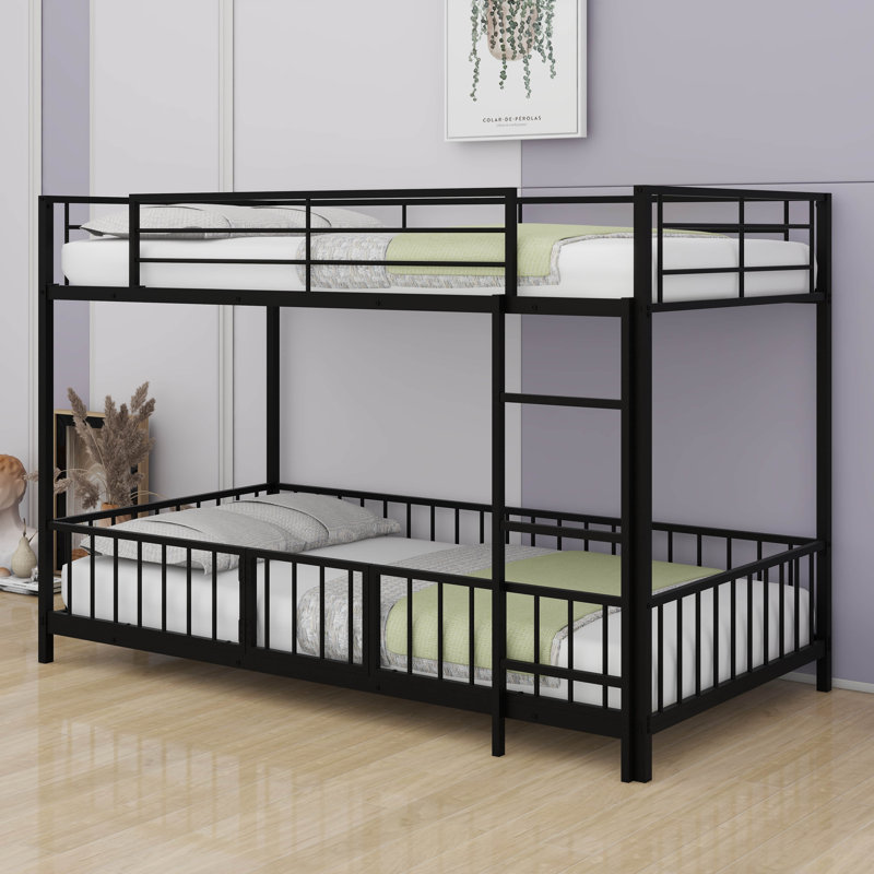 Lit superposé avec porte coulissante, cadre de lit superposé en métal avec barrière de sécurité et échelle pour enfants, Noir