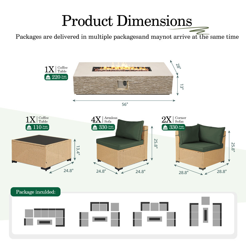 8-Piece Rattan Patio Conversation Set with Cushions and 56-Inch Outdoor Fire Pit Table, Pine Green
